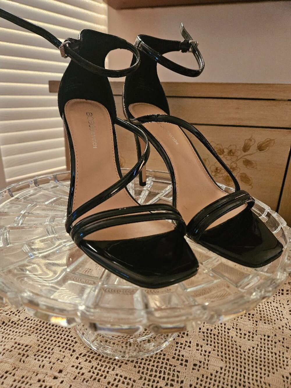 BCBGeneration "Isabel" Ankle Strap Patent Leather Sandal. Strappy Stiletto